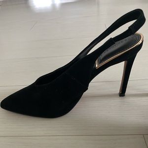 BCBG black suede sling back heels